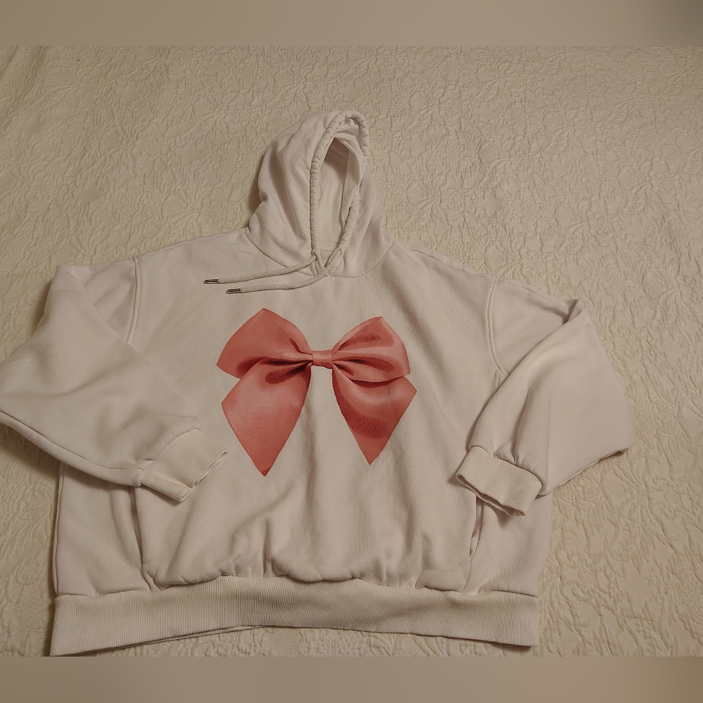 White Hoodie with Pink Bow Design